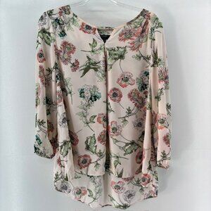 Kaari Blue Pink Green Floral 3/4 Sleeve Split V Neck Tunic Blouse XL Boho Garden